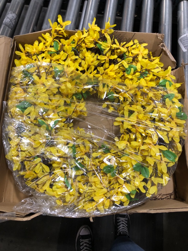 Photo 2 of 25 Inches Yellow Forsythia Flower Spring Wreath for Front Door, Summer Farmhouse Rustic Decor