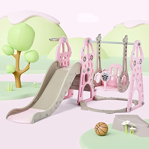 Photo 1 of DUKE BABY 4-in-1 Kids Slide and Swing Set for Toddler Age 1-6, Extra Large Baby Indoor Outdoor Activity Playground with Basketball Hoop and Climber Taxi Collection– Pink