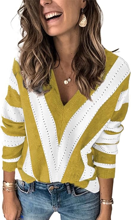 Photo 1 of Asvivid Women's 2023 Spring Long Sleeve V Neck Color Block Striped Pullover Sweater Tops 