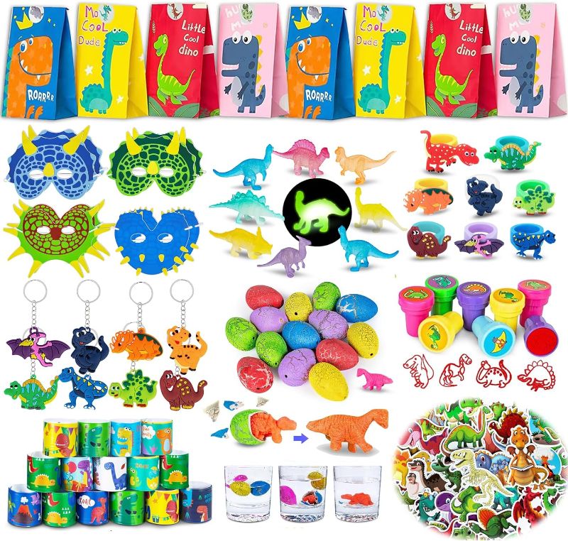 Photo 1 of 128 Pcs Dinosaur Party Favors for Kids, Dinosaur Themed Birthday Party Decorations Gift Bags Mask Stickers Bulk Toys for Boys, Pinata Goodie Bag Stuffers Supplies for Classroom Prizes/Carnival Games 