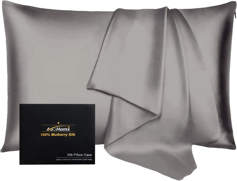 Photo 1 of AsoHomx Silk Pillowcase for Hair and Skin,Both Sides 22MM 100% Mulberry Silk Bed Pillow Case with Hidden Zipper,Soft Smooth & Cooling Silk Pillow Cover,1pc(Standard 20''x26'', Dark Grey)