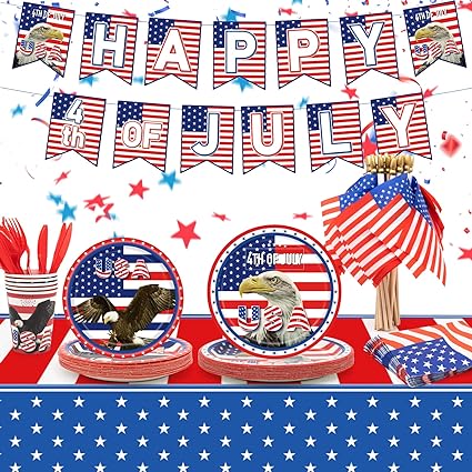 Photo 1 of 4th of July Party Decorations,Dinnerware Set for Fourth of July Party Decor,Include Tablecloth, Plates, Napkins, Cups, Flatware Set and American Flags, Banne for 4th of july Celebration Decoration