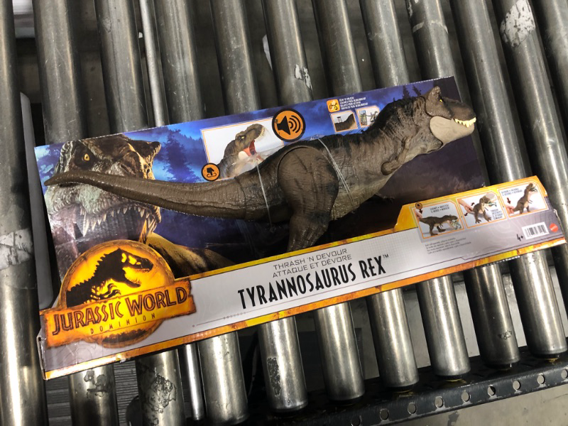 Photo 2 of ?Jurassic World Dominion Dinosaur T Rex Toy, Thrash ‘N Devour Tyrannosaurus Rex Action Figure with Sound and Motion???? Frustration Free Packaging