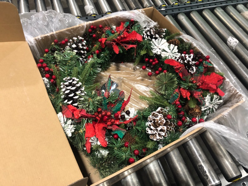 Photo 2 of 24 Inch Christmas Door Wreath,Outdoor Lighted Christmas Wreaths for Front Door,Battery Operated LED Lights Large Christmas Wreath with Flowers Pine Cones,Winter Wreaths for Outdoor Holiday Xmas Decor flower christmas wreath