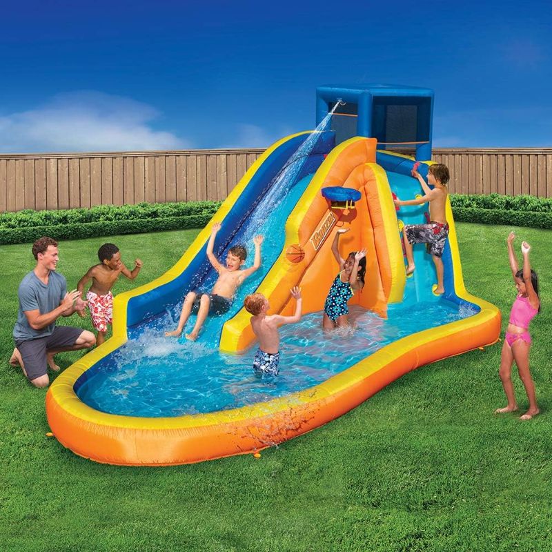 Photo 1 of BANZAI Inflatable Water Slide Park - Huge Kids Pool (14' Long by 8' High) with Built in Sprinkler Wave and Hoop - Heavy Duty Outdoor Aqua Blast Lagoon - Blower Included - Inflates in Minutes
