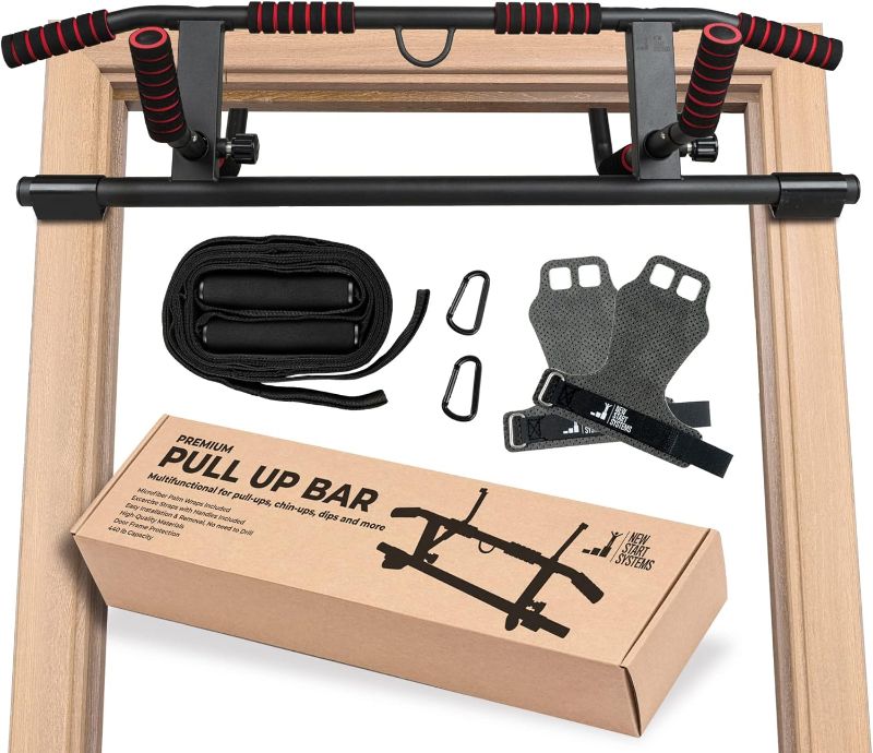 Photo 1 of  NEW START SYSTEMS - Pull Up Bar for Doorway - Heavy Duty [up to 440 lbs] - with Bonus Palm Wraps & Exercise Straps for Dips - Use for Push Ups 