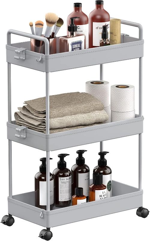 Photo 1 of  SOLEJAZZ Rolling Storage Cart, 3 Tier Utility Cart Mobile Slide Out Organizer, Bathroom Standing Rack Shelving Unit Organizer for Kitchen, Bathroom, Laundry Room, Gray 