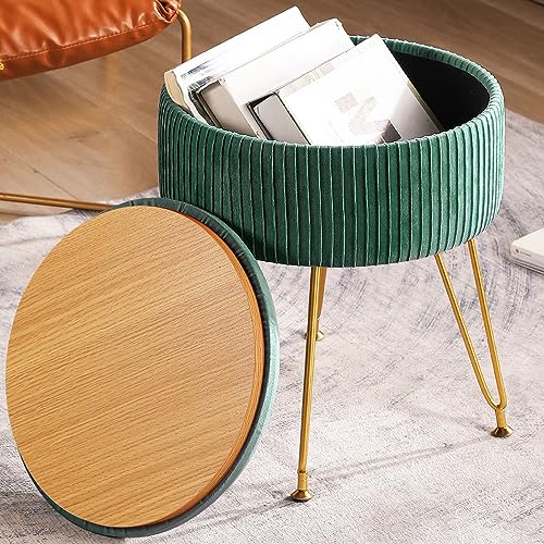 Photo 1 of  CUYOCA Ottoman with Storage Vanity Stool for Makeup Room, Round Footrest Storage Ottoman with Tray, Velvet Upholstered Foot Rest, Coffee Table, Makeup 