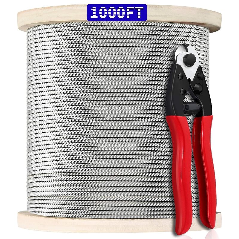 Photo 1 of 1000FT 1/8" T316 Stainless Steel Cable, Wire Rope Aircraft Cable for Deck Cable Railing Kit, 7 x 7 Strands Construction,DIY Balustrades, Come with a Cutter