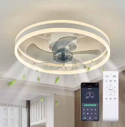 Photo 1 of 20 in. LED Indoor White Ceiling Fan with Dimmable Lighting Low Profile Flush Mount Ceiling Fan with Remote
