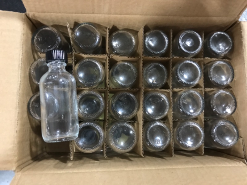 Photo 2 of 24, 2 oz Small Clear Glass Bottles (60ml) with Lids & 3 Stainless Steel Funnels - Boston Round Sample Bottles for Potion, Juice, Ginger Shots, Whiskey, Liquids - Mini Travel Bottles, NO Leakage