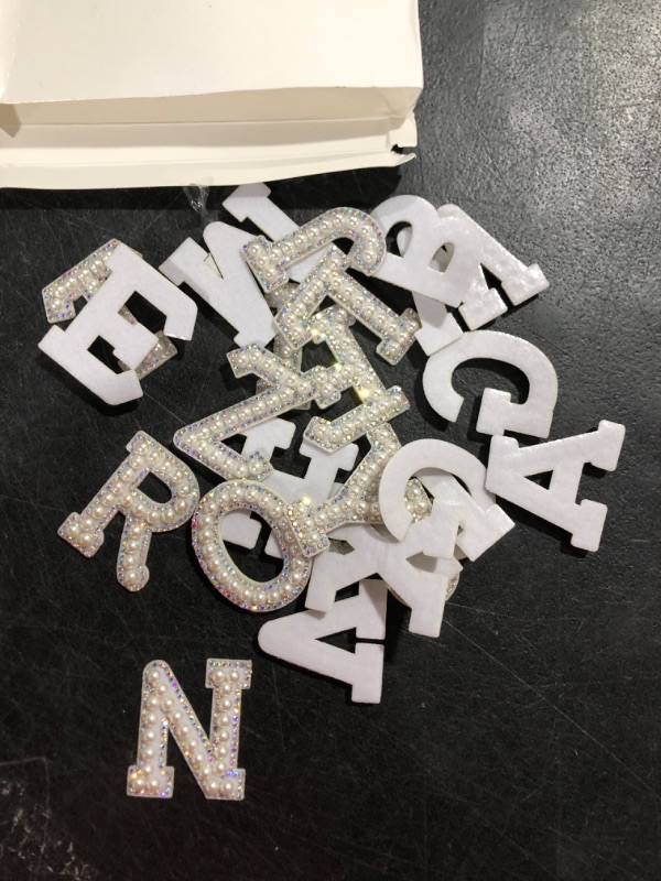 Photo 2 of 26 Piece Pearl Iron on Letter A-z White Rhinestone Pearl Bling Letter Patch Glitter Sew on Alphabet Applique Rhinestone Pearl English Letter for DIY Craft Supplies(White,1.85 Inch High) White 1.85 Inch High