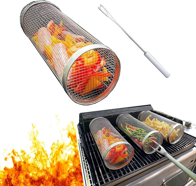 Photo 1 of 1PC Rolling Grill Basket, Stainless Steel Cylinder Grill Basket, Portable Outdoor Camping Barbecue Rack(1PCS)
