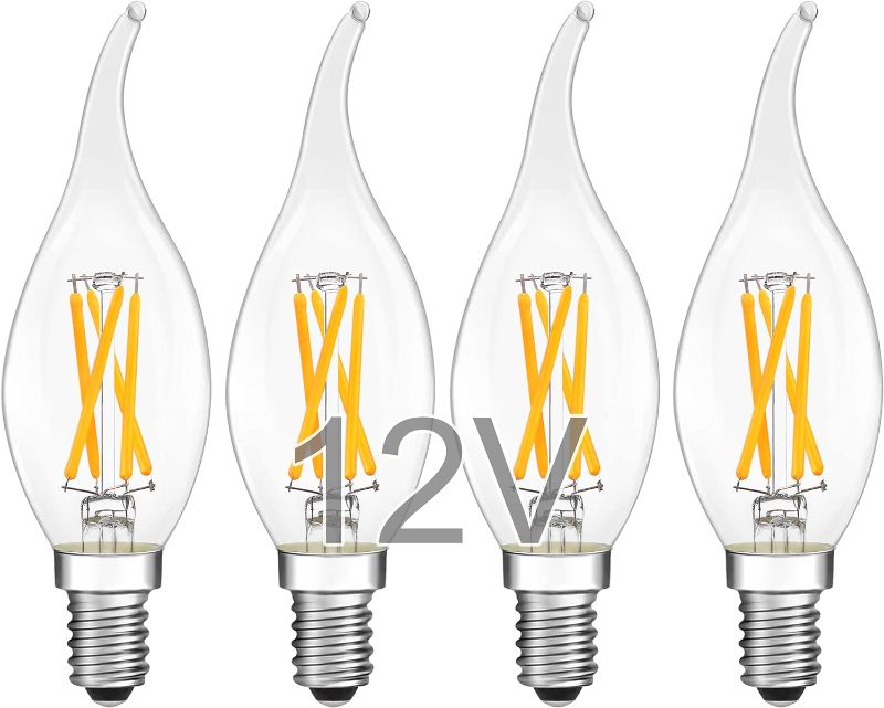 Photo 1 of 12V 24V E12 LED Candelabra Bulb, 4W 400Lm 2700K Warm White, Flame Tip Shape DC 12volt 24volt CA10 Edison Light Bulbs 40 Watt Equivalent for RV Outdoor Boat Power Off-Grid Solar Lighting- 4 Pack