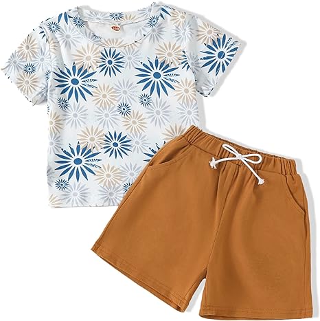 Photo 1 of AMAWMW Toddler Baby Boy Hawaiian Summer Outfits Palm leaf T-Shirt Top Shorts with Pockets 2Pcs Kids Boys Tropical Clothes 110