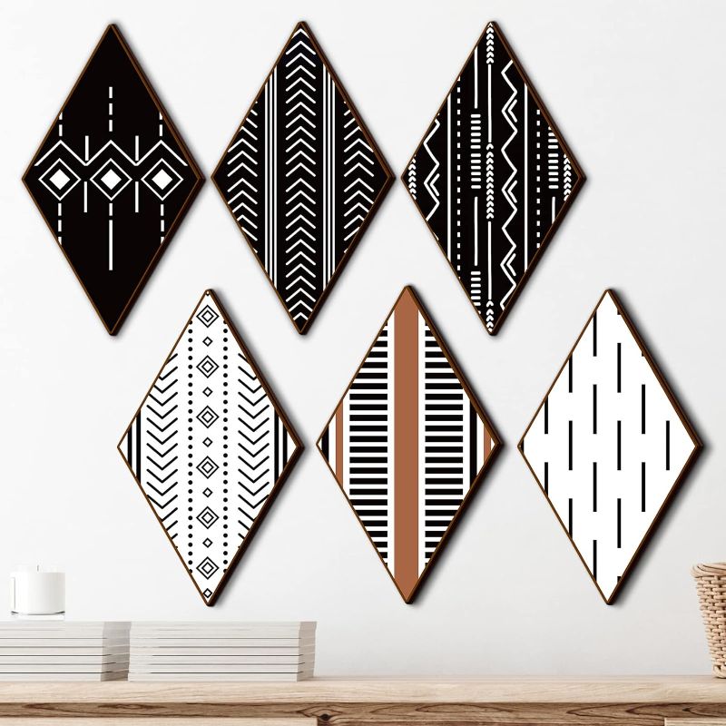 Photo 1 of 2 Pcs Aztec Art Wall Decor Boho Farmhouse Home Wall Decor Rustic Modern Western Room Decor Vintage Aztec Sign Black White Wooden Geometric Diamond Frame Wall Hanging for Living Room Bathroom Bedroom