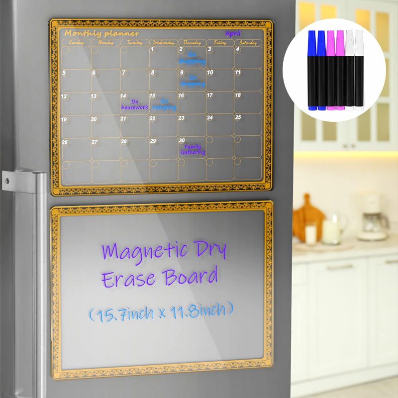 Photo 1 of AITEE Acrylic Magnetic Calendar for Fridge, Clear Set of 2 Dry Erase Board Calendar and Memo for Refrigerator Reusable Planner, Includes 6 Dry Erase Markers with 3 Colors(16"x12"Inches)
