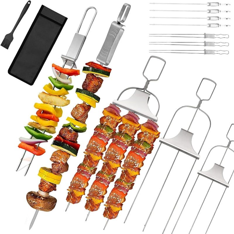 Photo 1 of 10PCS Kabob Skewers for Grilling,3,Double and Single Pronged Grilling Accessories,304 Stainless Steel Metal Skewers for Kabobs with Push Bar for Quick Release,With Storage Bag and Oil Brush