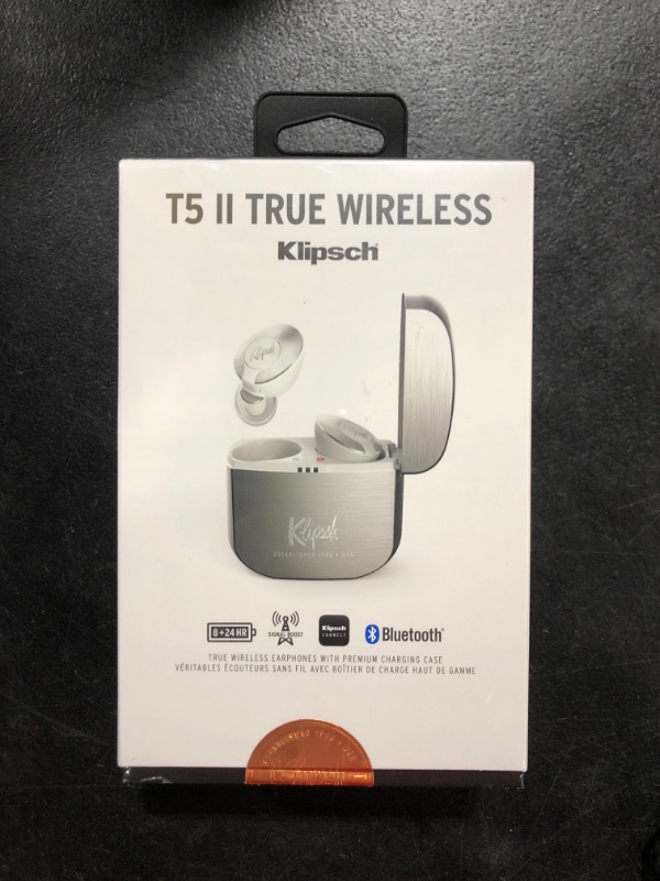 Photo 2 of Klipsch T5 II True Wireless Bluetooth 5.0 Earphones in Silver with Transparency Mode, Beamforming Mics, Best Fitting Ear Tips, and 32 Hours of Battery Life in a Slim Charging Case