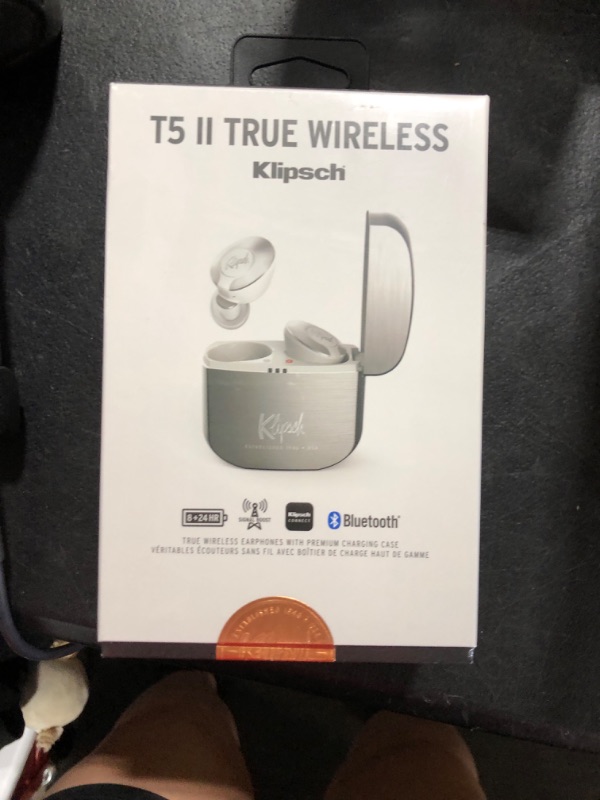 Photo 2 of Klipsch T5 II True Wireless Bluetooth 5.0 Earphones in Silver with Transparency Mode, Beamforming Mics, Best Fitting Ear Tips, and 32 Hours of Battery Life in a Slim Charging Case