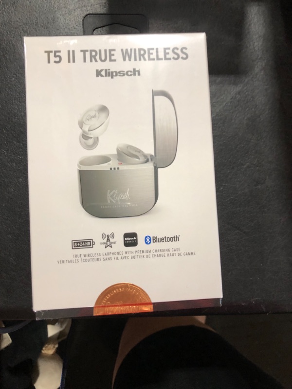 Photo 2 of Klipsch T5 II True Wireless Bluetooth 5.0 Earphones in Silver with Transparency Mode, Beamforming Mics, Best Fitting Ear Tips, and 32 Hours of Battery Life in a Slim Charging Case