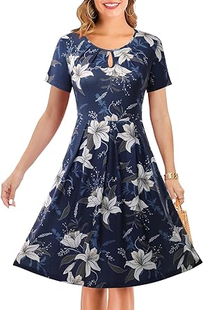 Photo 1 of CHARMYI Tshirt Dresses for Women Casual Summer Floral Swing A-Line T Shirt Dresses for Women Midi with Pockets M