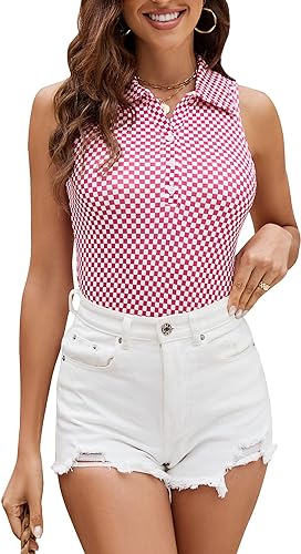 Photo 1 of ClearFlower Plaid Tank Tops for Women Pink Polo Sleeveless Crop Casual Vests SIZE M