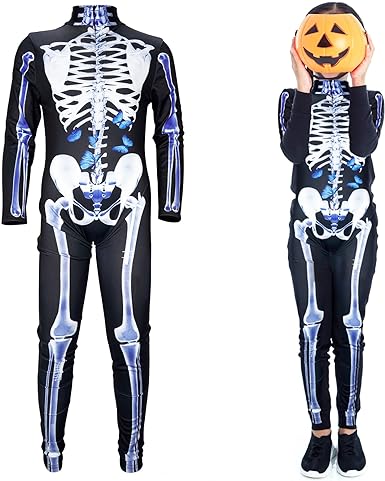 Photo 1 of cosmisun Halloween Skeleton Costume Scary Skeleton Jumpsuit Halloween Costumes Dress Up Party Day of the Dead Party Costumes M