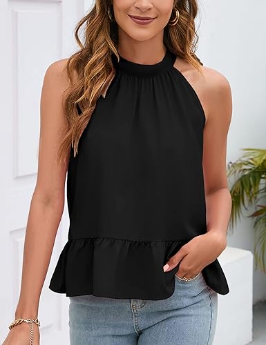 Photo 1 of ClearFlower Womens Halter Tank Tops Summer High Neck Pleated Sleeveless Cami Shirts Tops L