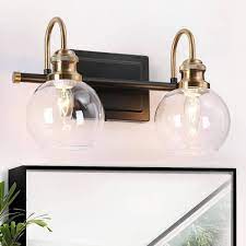 Photo 1 of 14.5 in. 2-Light Brass Gold Bathroom Vanity Light, Globe Clear Glass Bath Lighting, Black Modern Wall Sconce
