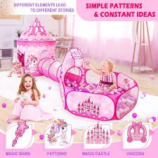 Photo 1 of 3PC Princess Play Tent for Girls Toddlers with Crawl Tunnel & Ball Pit Polyester Playhouse Indoor Outdoor
