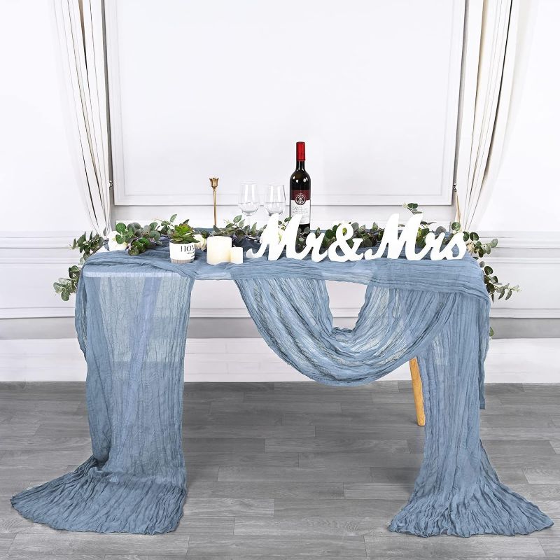 Photo 1 of 6 Pack 13Ft Cheesecloth Table Runner Boho Gauze Table Runner 156 inch Cheese Cloth Long Rustic Sheer Table Runner for Wedding Bridal Baby Shower Birthday Party Cake Table Decor Arbor Decor(Dusty Blue)