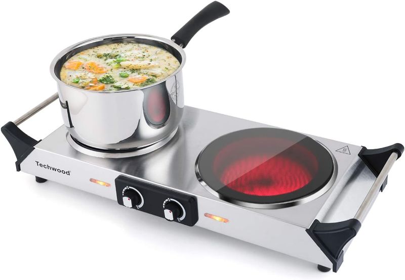 Photo 1 of **DIRTY** Techwood Electric Stove, Double Infrared Ceramic Hot Plate for Cooking, Two Control Cooktop Burner, Portable Anti-scald handles Suitable for Office/Home/Camp Use, 1800W Compatible for All Cookwares
