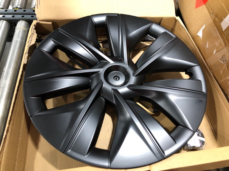 Photo 2 of Octomo 4PCS Hubcaps for Tesla Model Y Wheel Cover, 19 Inch Rim Protector Replacement Hub Caps Kit Fully Wrapped for Tesla Model Y Accessories 2019-2022 with 4PCS Center Caps, Matte Black ABS 19 Inches for Model Y