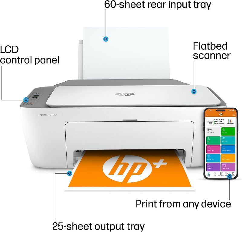 Photo 1 of HP DeskJet 2755e Wireless Color All-in-One Printer  (26K67A), white