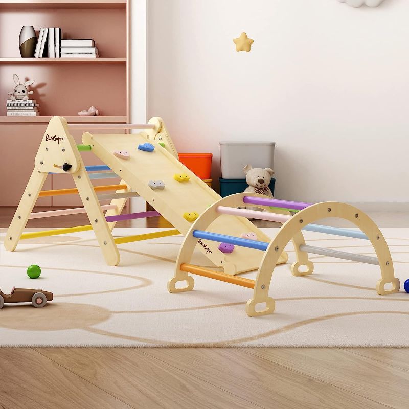 Photo 1 of BanaSuper Colorful 3 in 1 Climbing Triangle Ladder with Ramp & Arch Foldable Wooden Triangle Climber Set Montessori Climbing Toys for Kids Ourdoor Indoor Playground Play Gym Gift for Boys Girls
