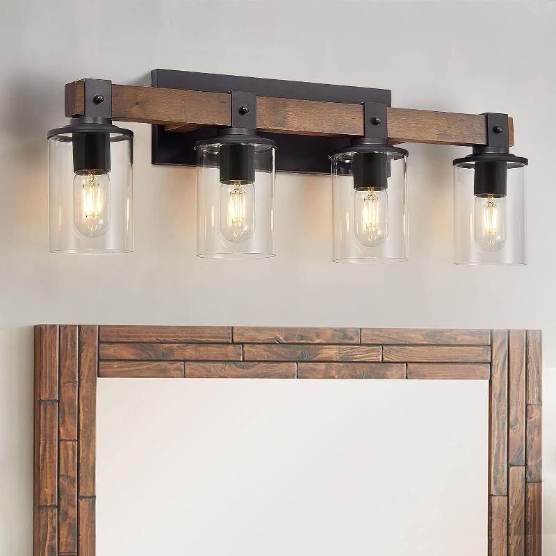 Photo 1 of 4 Light Bathroom Vanity Light Fixtures, Farmhouse Bathroom Vanity Lights Over Mirror, Wood Rustic Vanity Lights for Bathroom, Kitchen, Industrial Wall Light Fixtures with Clear Glass Shade
