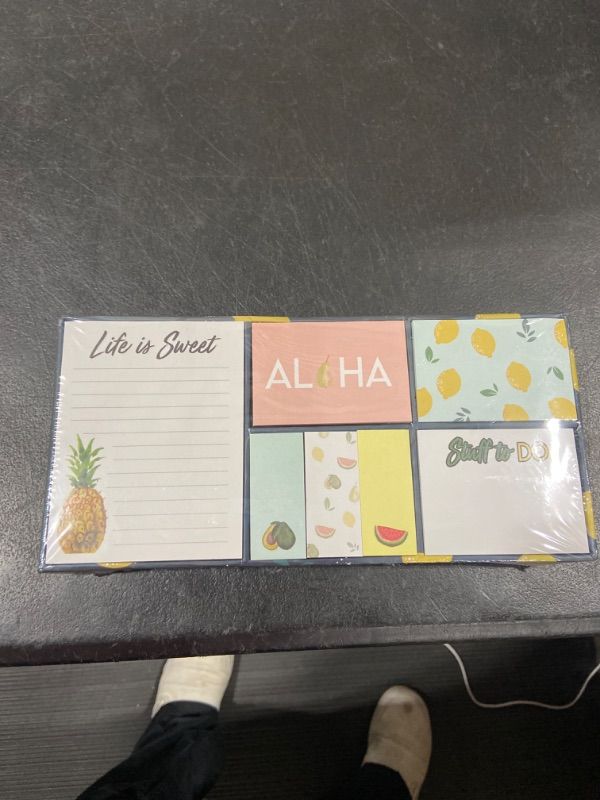 Photo 2 of Sticky Note Boxed Set Variety Pack, 560 Total Sheets, 7 Assorted Designs & Sizes in a Divided Holder, by Better Office Products, Assorted Fun Fruit Aloha Pineapple Lemons Designs