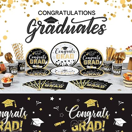 Photo 1 of 193 Pcs Graduation Party Supplies Set Grad Decoration Congrats Class of 2023 Graduation Tablecloth and Cups Plates Napkins Silverware for Event Celebration Party Supply, Serves 24 (Black and Gold) 