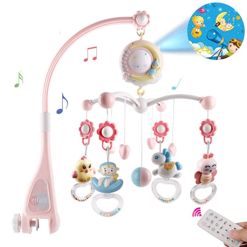 Photo 1 of BOBXIN Baby Musical Crib Mobile with Projector and Night Light,150 Music,Timing Function,Take Along Mobile Music Box and Rattle,Gift for Toddles(with Bibs) pink