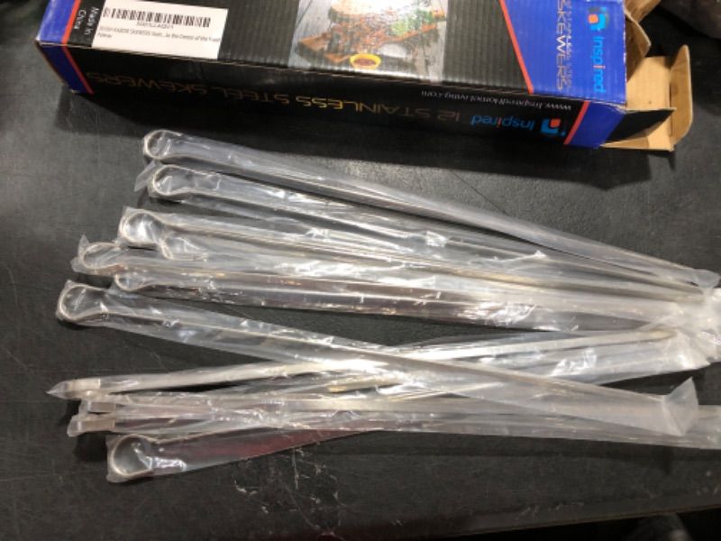 Photo 1 of 12 SHISH KABOB SKEWERS Stainless Steel - Flat, Wide, 14.5" Barbecue (BBQ Accessories) Metal with Ring-Tip Handle - Cooks Quicker and More Evenly By Infusing Heat Into the Center of the Food