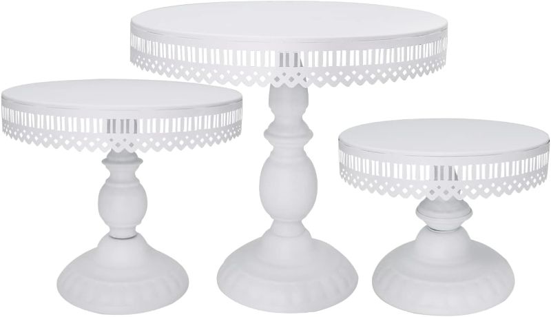 Photo 1 of 3-Set Cake Stand Round Cake Stands Metal Dessert Cupcake Pastry Candy Display for Wedding Event Birthday Party Baby Shower (White)

