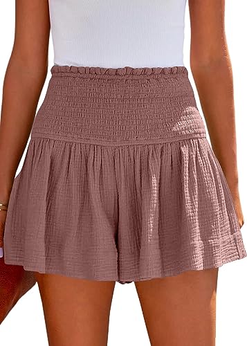 Photo 1 of YAV Women Shorts for Summer Casual Hiking Waist Pleats Shorts Cotton High Elastic Waisted Beach Flowy Casual Shorts Pink-XL 