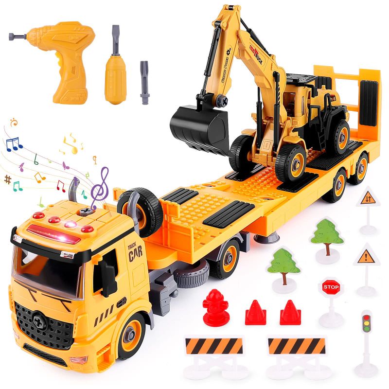 Photo 1 of 106 PCS Take Apart Trailer Truck & Excavator Toy Set with Electric Drill for 3-7 Year Old Boys and Girls - Friction Power Building Toy Truck Gift for Kids