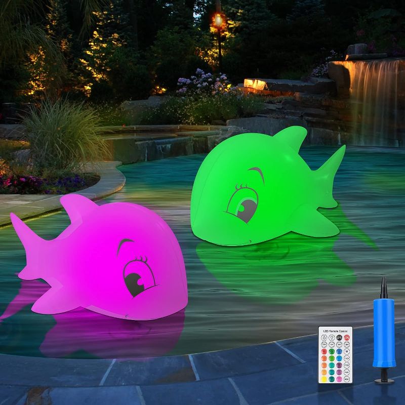 Photo 1 of Ostwiki Floating Pool Lights Solar Powered, 23.6 inch Glowing LED Dolphin, 2-Pack 16 Color Waterproof Inflatable Christmas Outdoor Decoration Lights for Swimming Pool, Lawn, Garden, Yard, Party Gift 