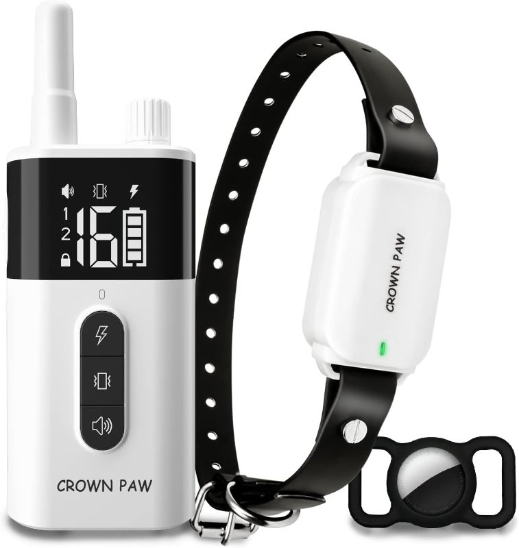 Photo 1 of Crown Paw Rechargeable Dog Shock Collar with Remote - Beep, Vibration, and Shock Modes, 1600ft Long Range, Waterproof Training Collar for Large, Medium, and Small Dogs with Free Airtag Holder