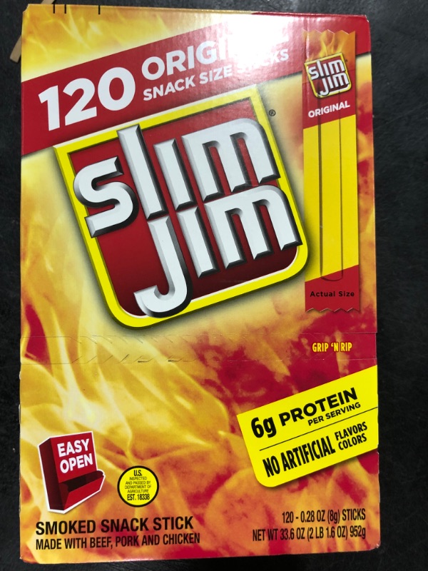 Photo 2 of Slim Jim Snack-Sized Smoked Meat Sticks, Original Flavor, Keto Friendly, 0.28 Ounce, 120 Count (Pack of 1) BB Dec 26, 2023