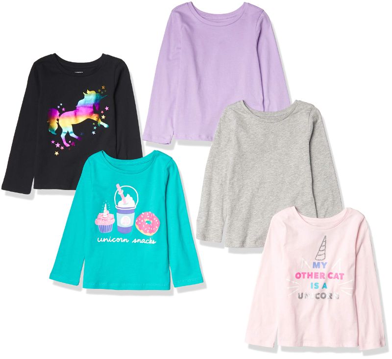 Photo 1 of Amazon Essentials Girls and Toddlers' Long-Sleeve T-Shirts (Previously Spotted Zebra), Multipacks 5 Black Unicorn/Green/Grey/Pink/Purple X-Small