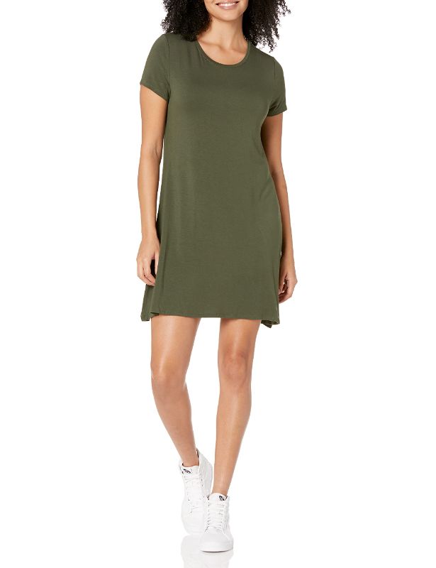 Photo 1 of Amazon Essentials Women's Short-Sleeve Scoop Neck Swing Dress (Available in Plus Size) Rayon Blend Dark Olive X-Small