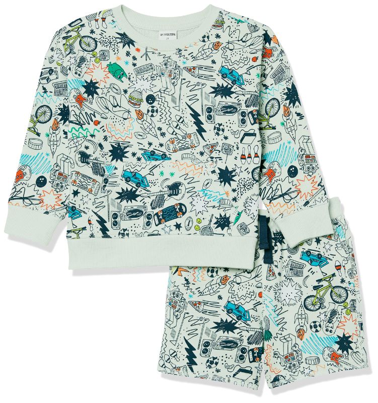 Photo 1 of Amazon Essentials Boys and Toddlers' French Terry Cozy Long-Sleeve Top and Short Set (Previously Spotted Zebra) 3T Grey Doodles